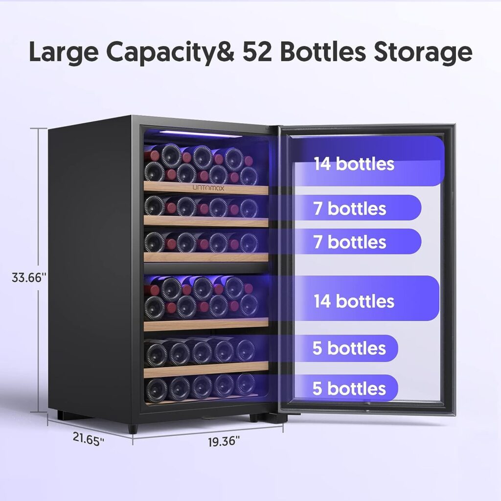 UNTOMAX 52 Bottles Wine Fridge Dual Zone,Wine Cooler Refrigerator Freestanding w/Lock,41F-68F Digital Temperature Control Compressor Wine Cellar, Fast Cooling Low Noise No Fog,Stainless Steel,20 Inch