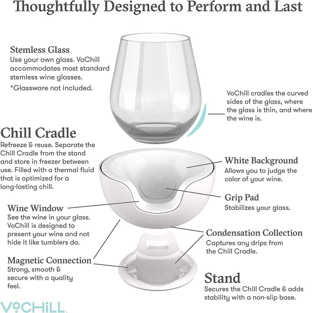 VoChill Stemless Wine Glass Chiller | Keep the Chill In Your Glass | New Wine Accessory | Separable  Refreezable Chill Cradle | Actively Chills Stemless Glassware | Stone, Single Stemless